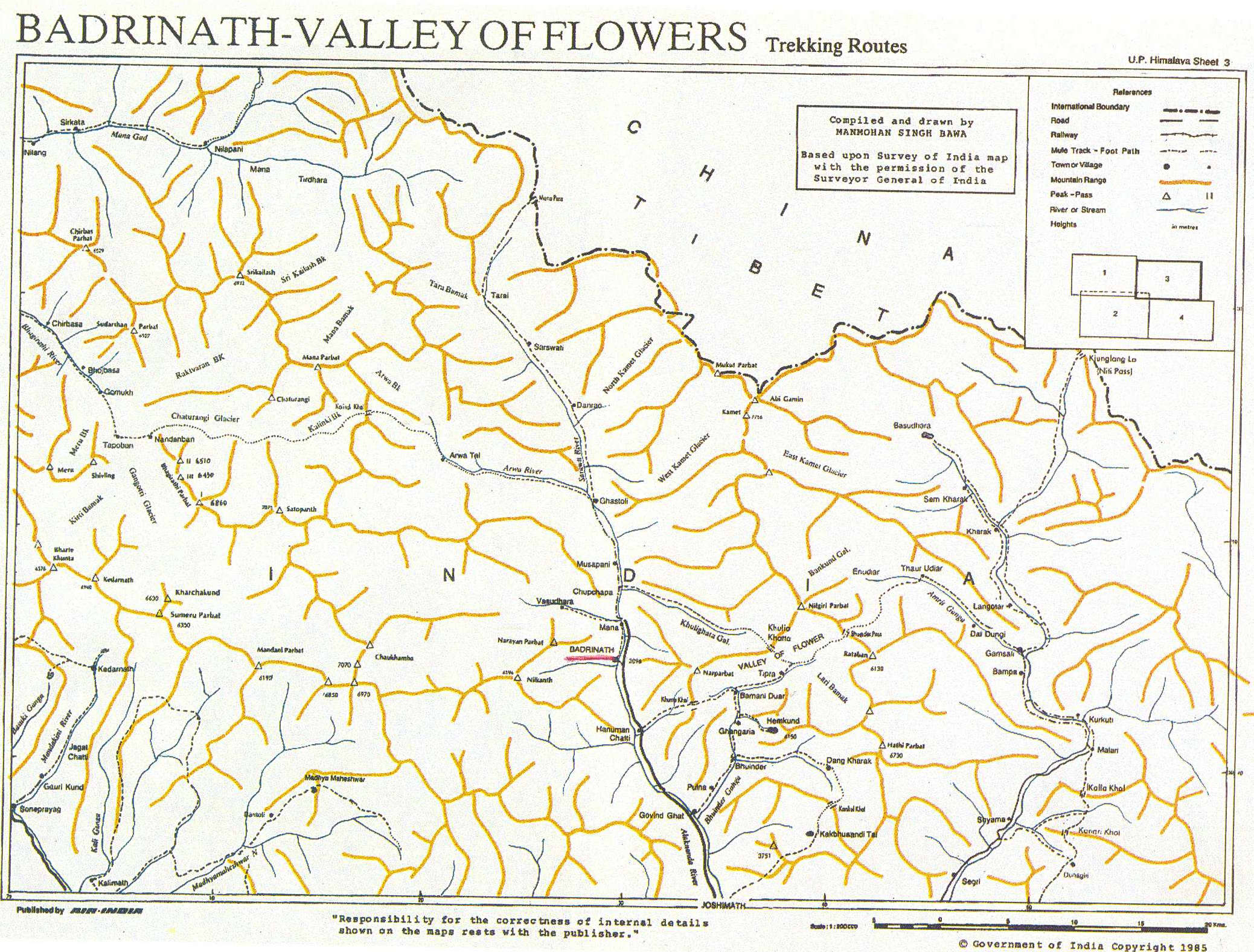 Карта туристических и трекинговых маршрутов штата Уттаранчал (Гархвал, Бадринатх, Долина цветов)